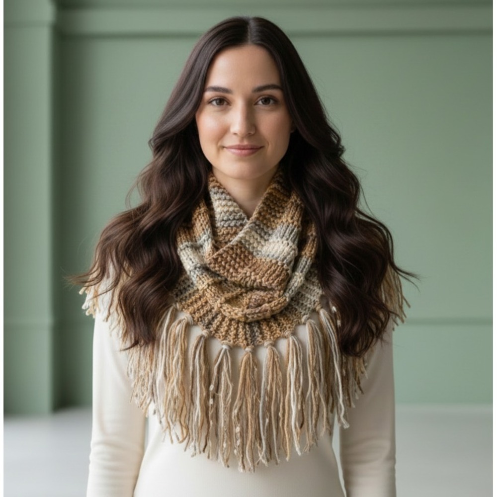 NEW Hand Knitted‎ Tan Gray Cream Boho Cowl Scarf Earthy Indie Artsy Cottagecore